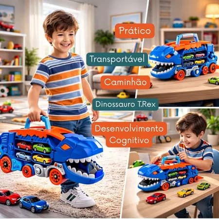 Caminhão Dinossauro com Pista e Carrinhos Engole Carros acompanha 4 carrinhos