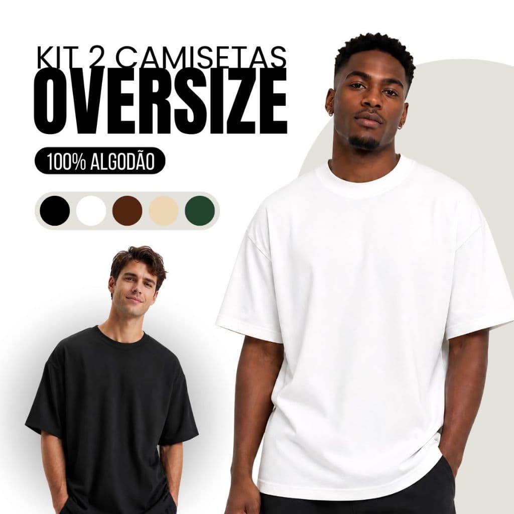 Kit 2 Camiseta Oversized Streetwear 100% Algodão Gola Alta Americano Premium Masculina Lisa Academia