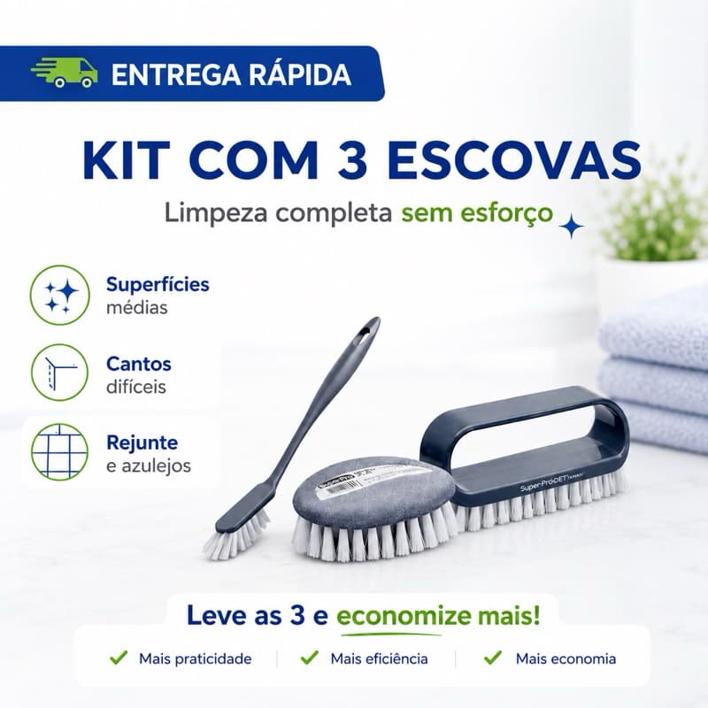 Kit 3 Escovas para Rejunte, Azulejo e Cantos Difíceis
