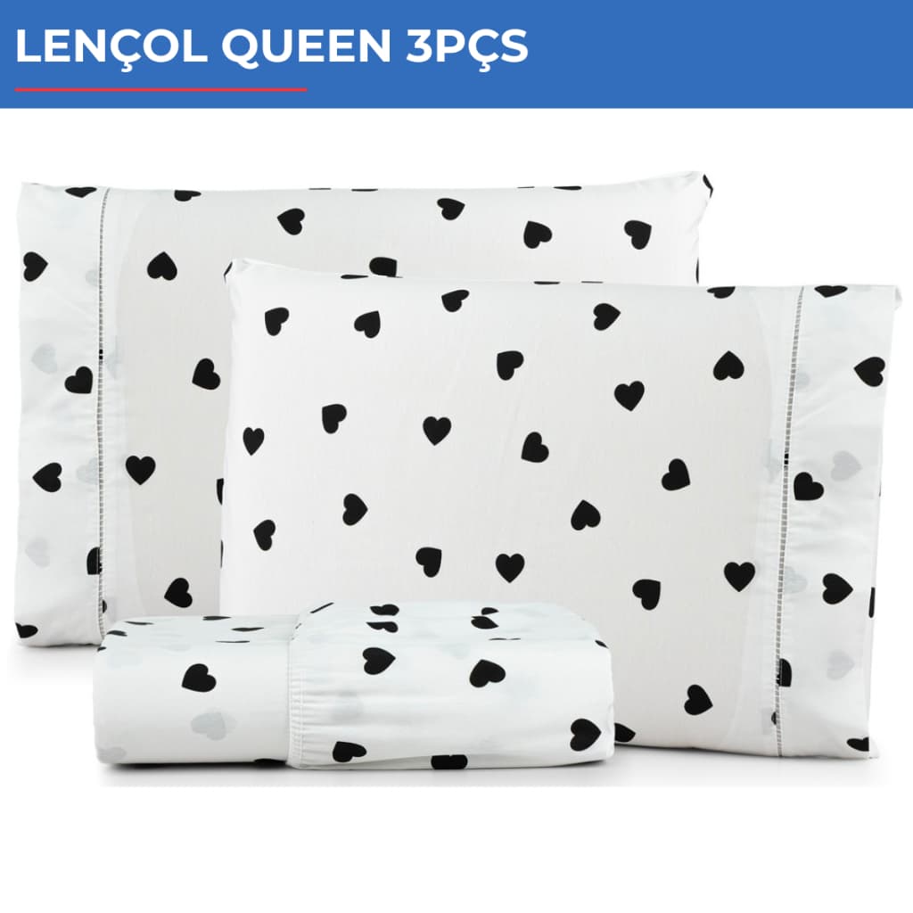 Jogo De Lençol Queen 3pçs Estampado 300 Fios C/ Elástico Coração Preto