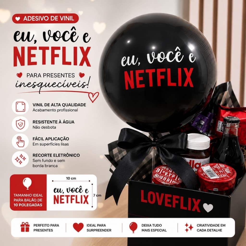Adesivo Eu Você e Netflix para Balão 10 Polegadas | Vinil Decorativo Romântico