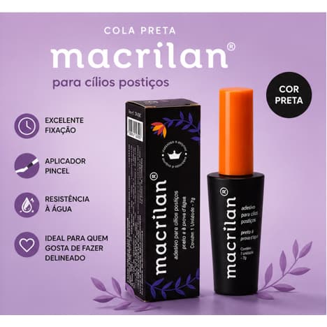 Cola Preta para Cílios Postiços Macrilan Original Prova D'Água, 7ml, Alta Fixação