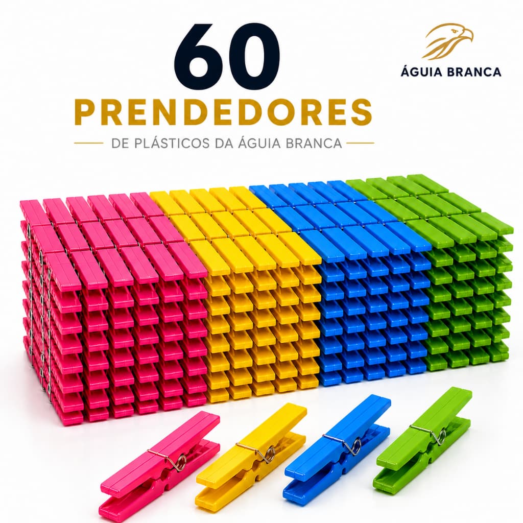 KIT 60 Prendedores de Plástico Prendedor de Roupas Reforçado ÁGUIA BRANCA tamanho tradicional