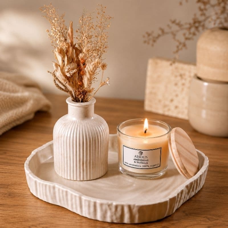 Kit Decorativo em Concreto Artesanal com Vela Aromática Bandeja Orgânica e Vaso para decoração sala