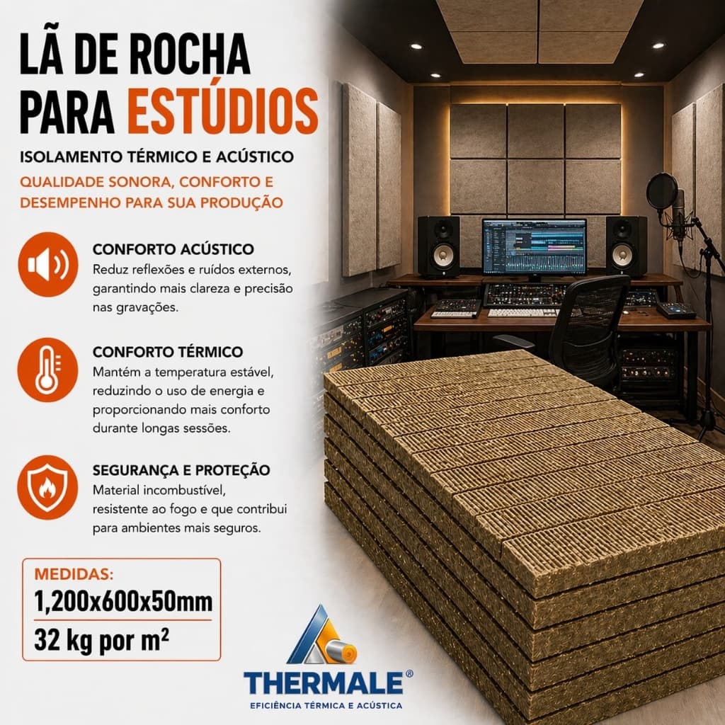 1 Lã de Rocha 50mm/32kg para estúdios e salas - Isolamento térmico e acústico para ambientes.
