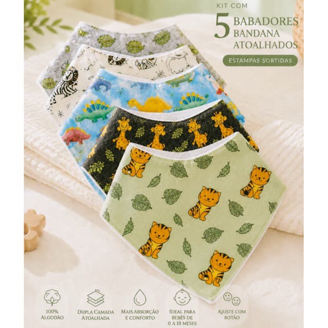 Babador bandana atoalhado kit com 5 com ajuste