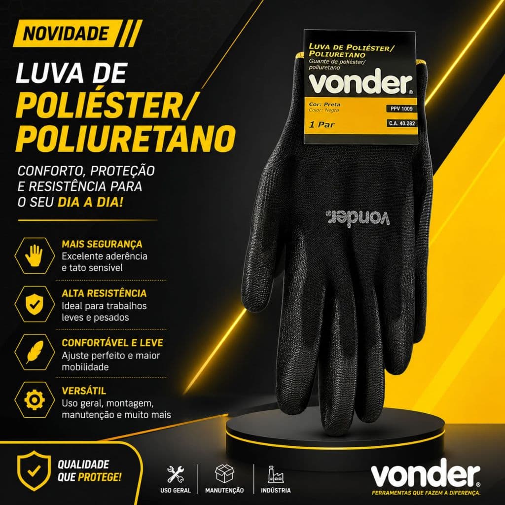 Luva de proteção poliéster com poliuretano, preta, tamanhos M Vonder.