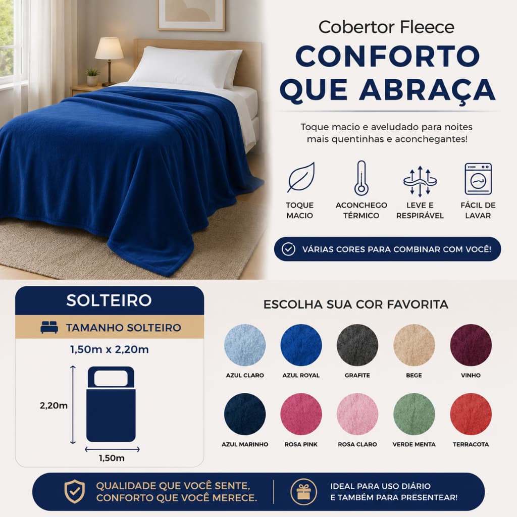 Cobertor Solteiro Manta de Microfibra Liso 150x220cm – +10 Cores – Camesa