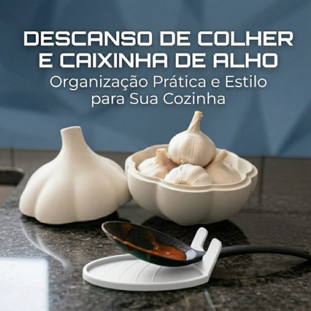 Kit Cozinha Funcional – Porta Alho Decorativo + Descanso de Colher em PLA