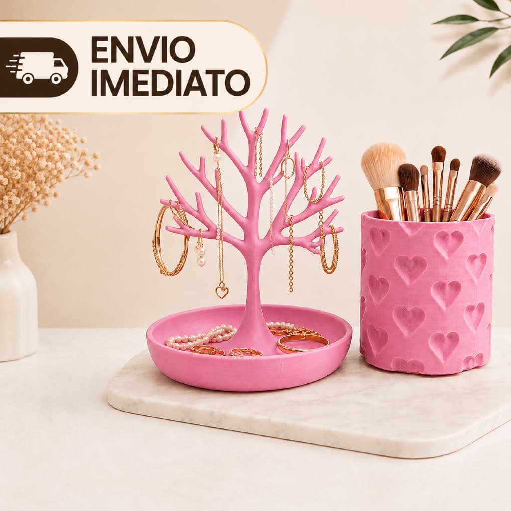 Kit Organizador Rosa Vibrante com Árvore de Joias e Porta-Pincéis de Corações