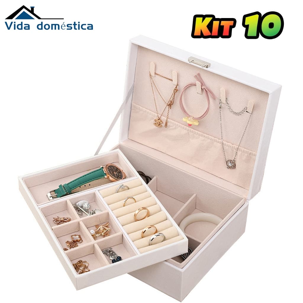 Kit 10 Caixa de Jóias Dupla Camada Couro Branca - Espaçoso e Proteção Aveludada com Fecho com Chave