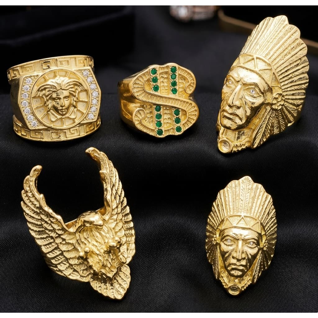 DEDEIRA ANEL MOEDA ANTIGA AJUSTAVEL INDIO AGUIA CIFRÃO 777 RELOGIO CARRO MASCULINO COR DE OURO 18K