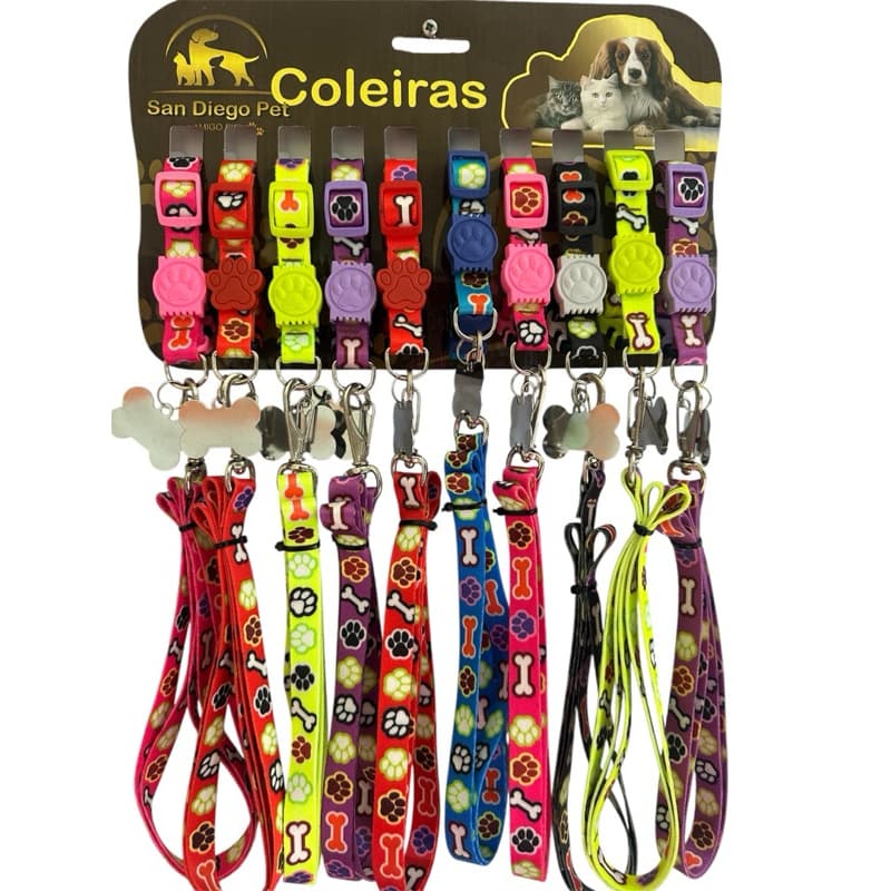 cartela de coleira de fita de seda para cachorro porte pequeno com detalhes de borrachinha coloridos
