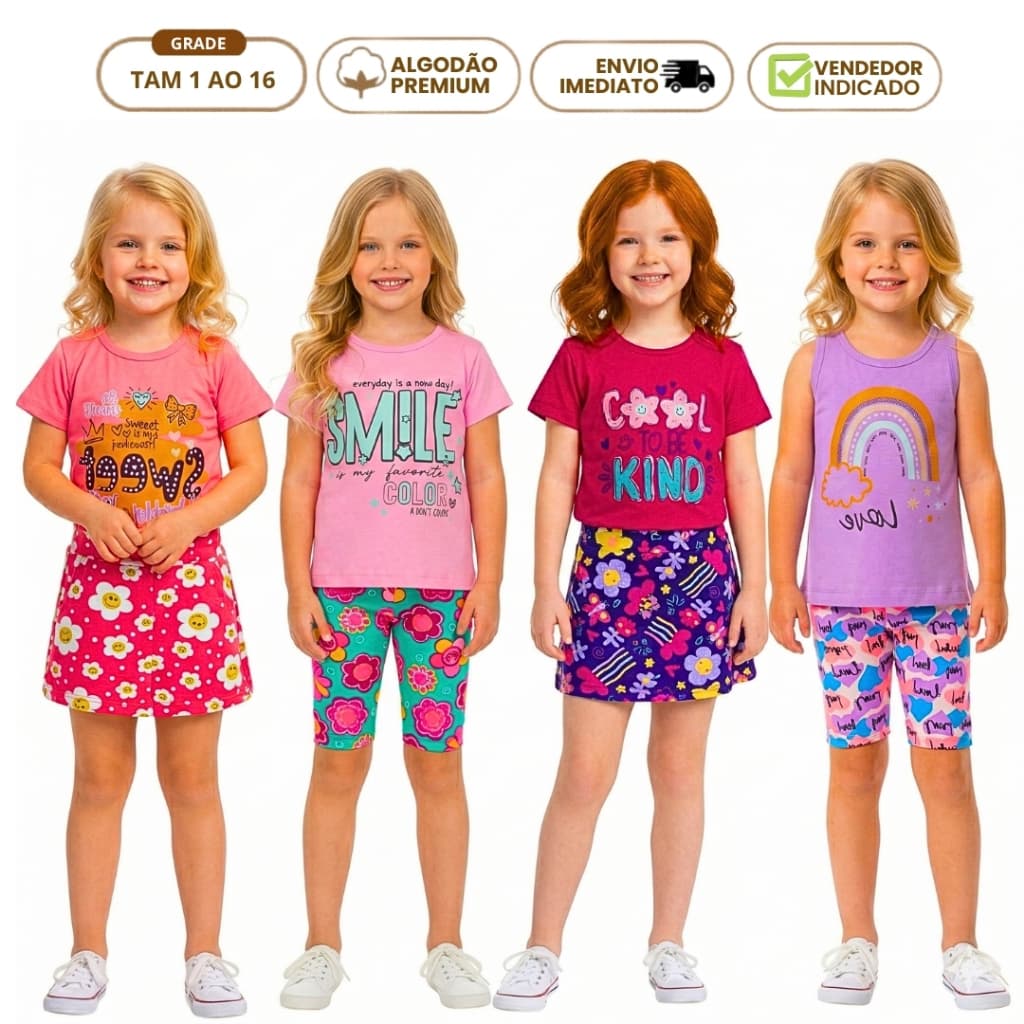 Kit 12 Peças Conjuntos Infantis Verão Feminino 6 Camisetas 6 Bermudas Roupa de Menina 1 ao 16 anos
