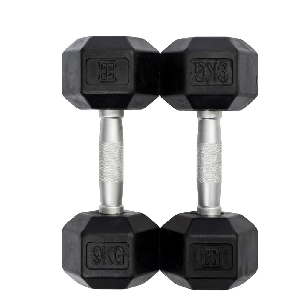 Conjunto 2 Halteres de 9kg Sextavados Emborrachados Vulcanizados Academia Musculação Peso Dumbell - (2 Unidades)