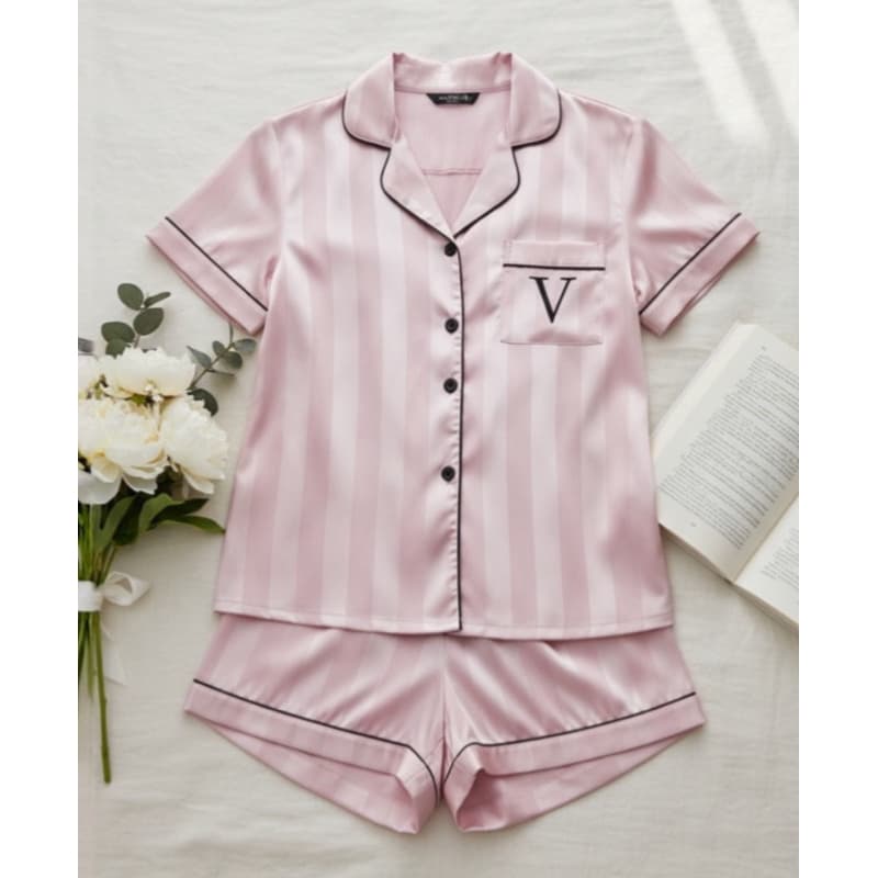 Pijama Feminino Rosa Claro Listrado Cetim Premium, estilo Americano