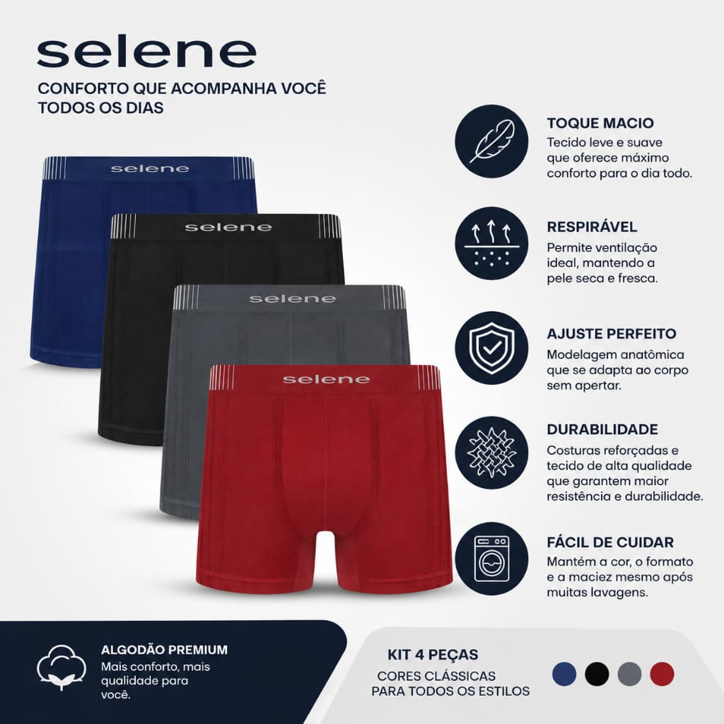 Kit 2-6 Cuecas Boxer Selene Sem Costura Masculina Perna Longa Microfibra