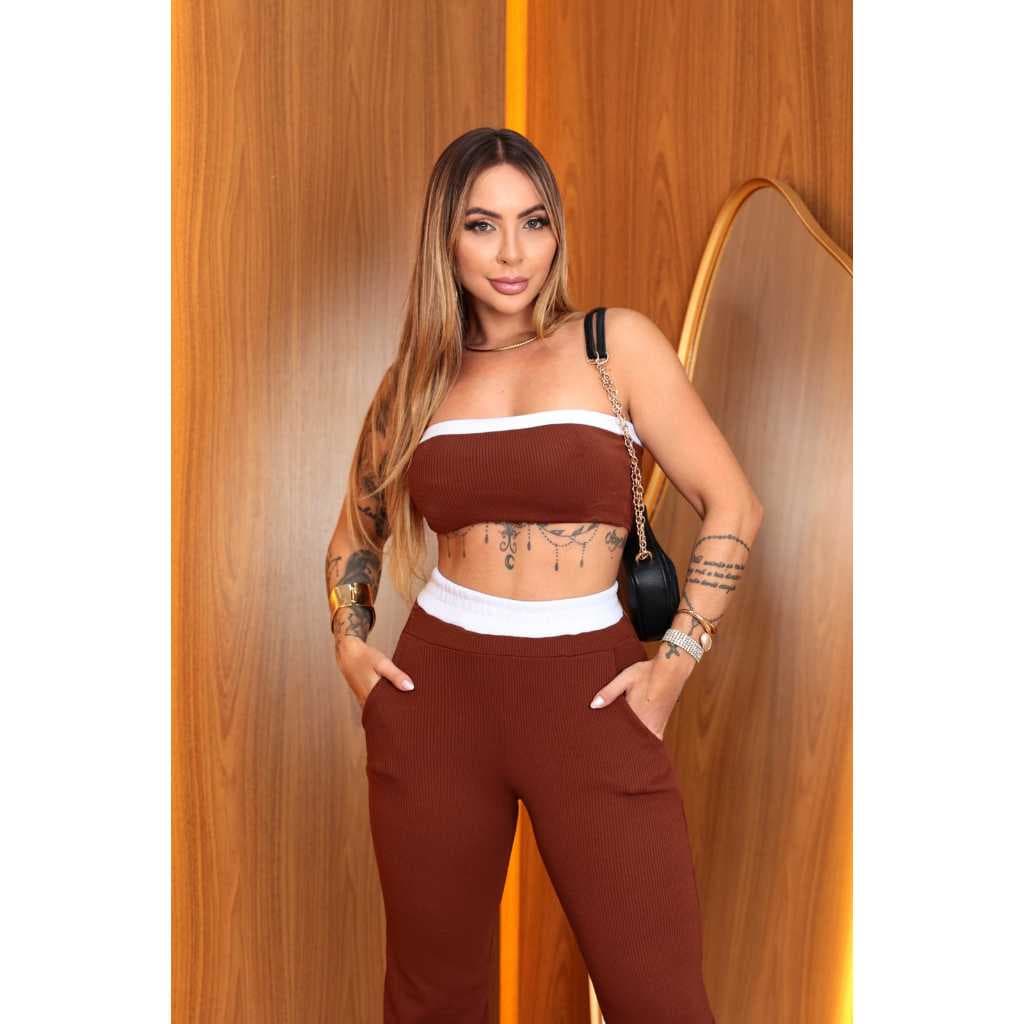 Conjunto Feminino Tomara que Caia com Bojo em Tecido Ana Ruga - Cropped e Calça Cintura Alta Moda Blogueira