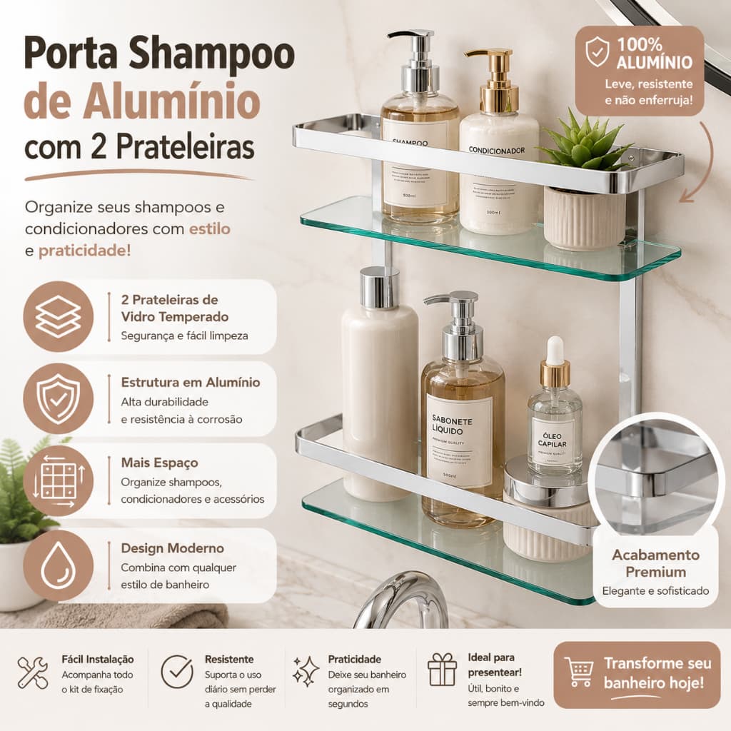 Suporte Duplo para Shampoo Box Banheiro Vidro 6mm Premium
