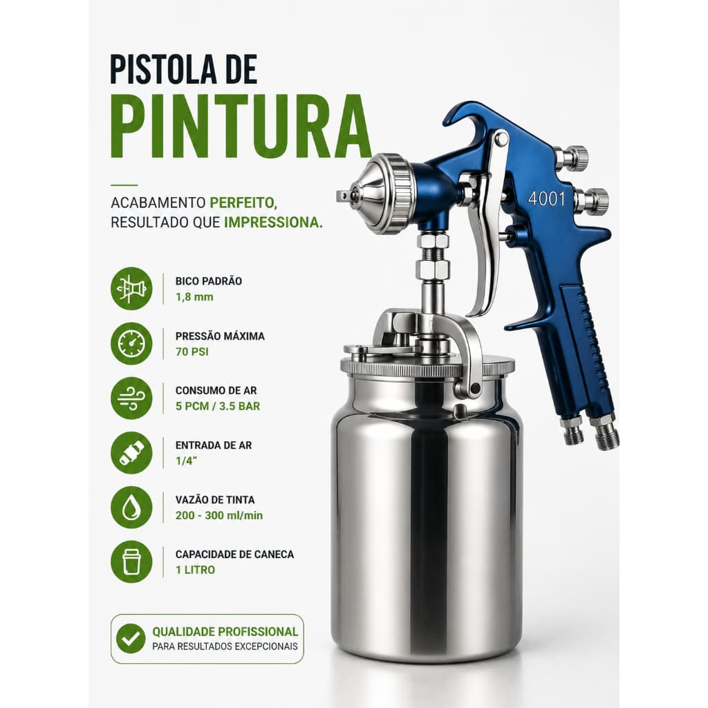 Pistola De Pintura Alta Produção 4001c Bico 1.8mm Sucção