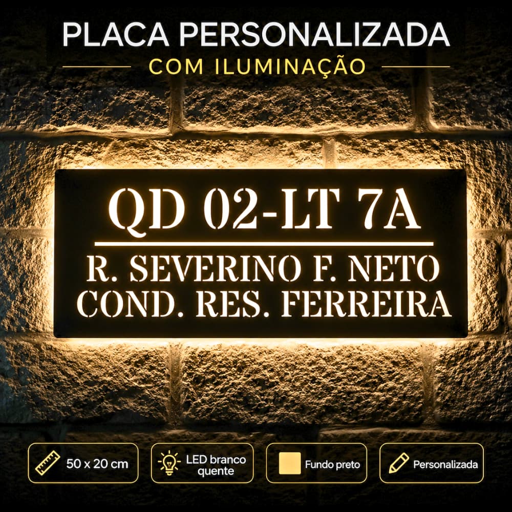 Placa 50x20cm Residencial Personalizada com iluminação interna, número residencial,