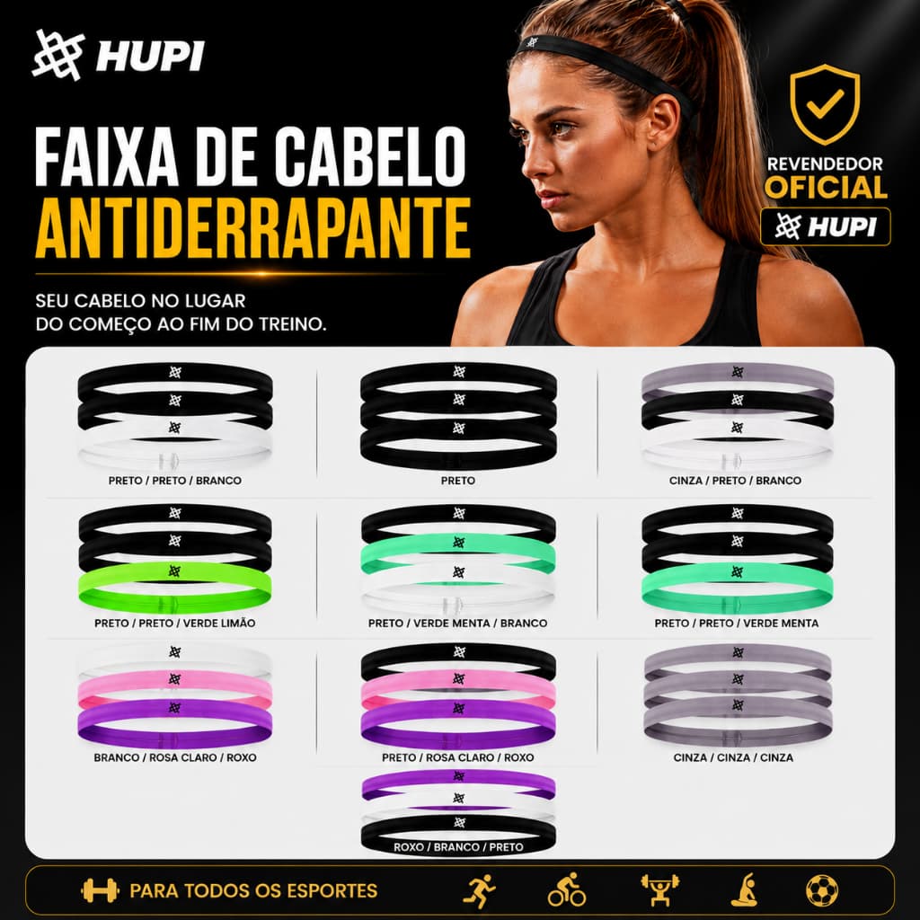 Kit 3 Faixa Elástica De Cabelo Esportiva Hupi Treino Corrida