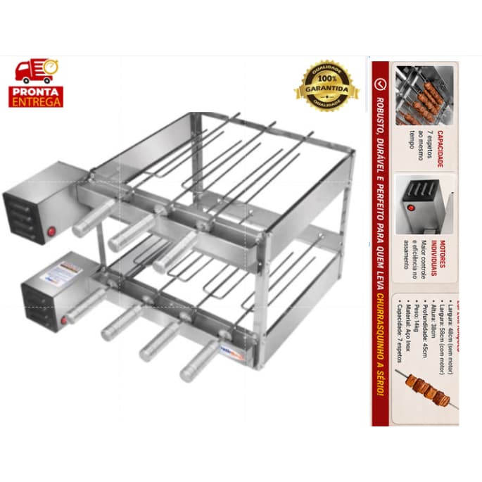 Churrasqueira Elétrica Gira Grill 7 Espetos 100% Inox Rotativa Gourmet Profissional