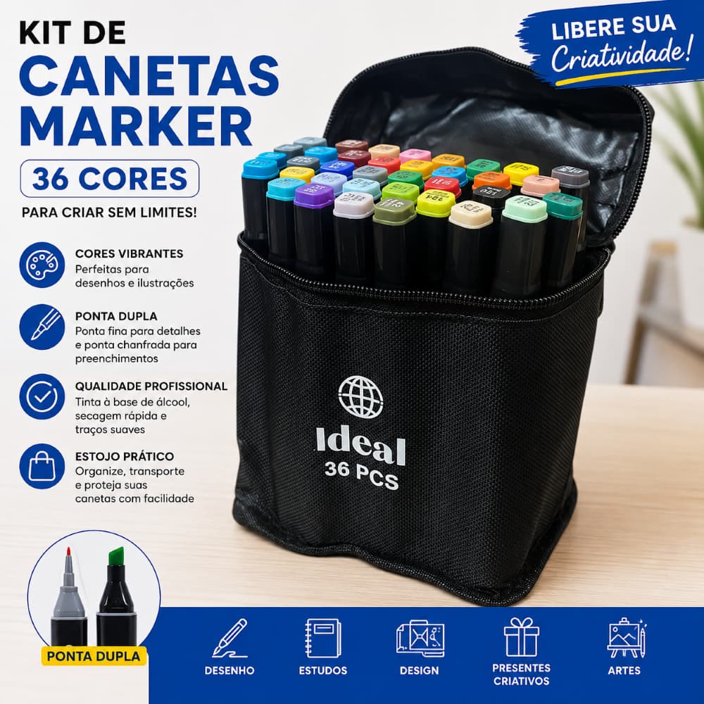 Kit 36 Canetas Marker Coloridas Estojo Zip Ponta Dupla Profissional