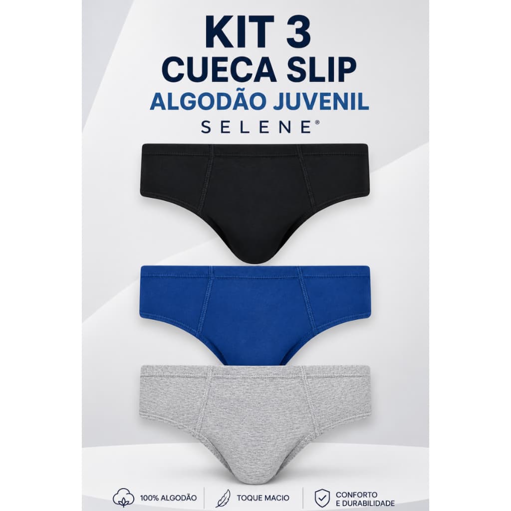 Kit 3 Cuecas Slip Selene Algodão Juvenil Sem Costura  Masculina Conforto Anatômica