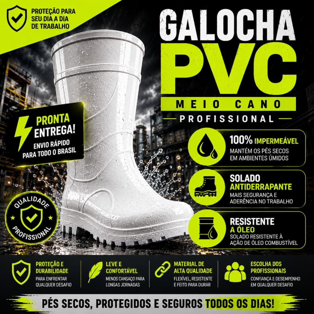 Galocha PVC Branca Impermeável Antiderrapante Profissional Limpeza Cozinha Hospital Açougue