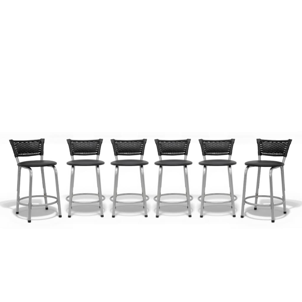 Kit 6 Banquetas Cadeira Estrutura Prata Junco Preto Mesa Bistrô Bar Cozinha Área Gourmet Sorveteria