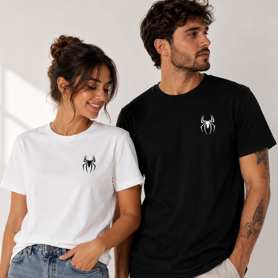 Kit 2 Camisetas Casal Opostos Aranha 100% Algodão