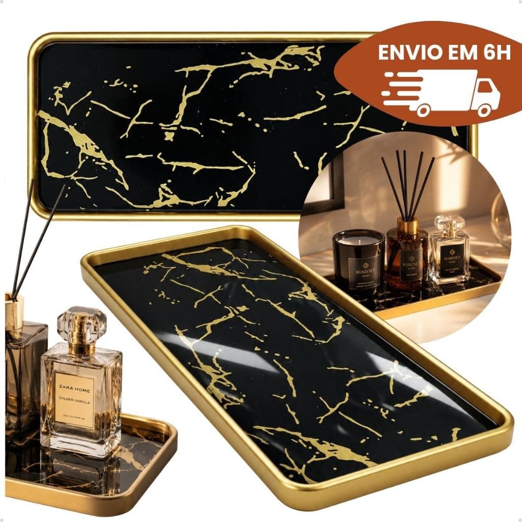 Bandeja Marmorizada Dourada Espelhada  Decorativa Retangular Luxo para Lavabo Perfumes  Joias