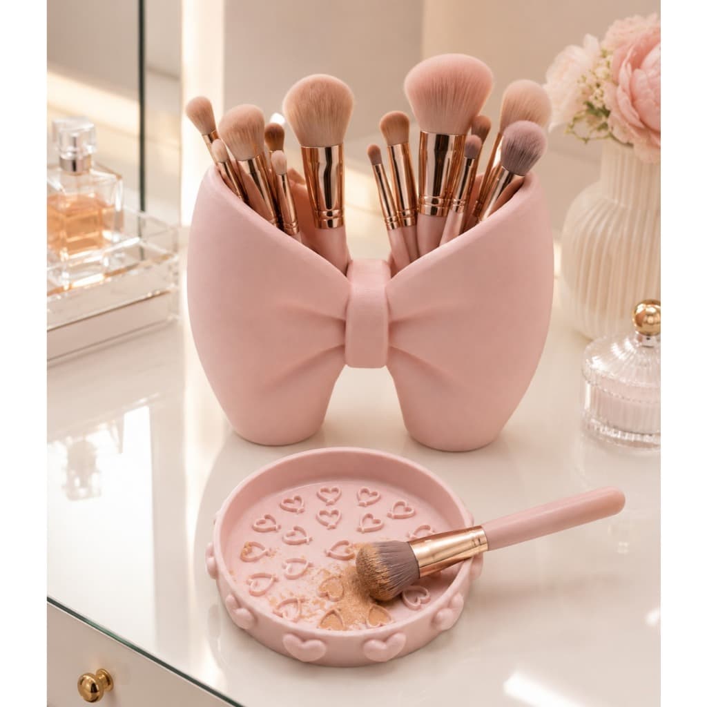 KIT- Porta Pincéis de Maquiagem Luxo com bandeja de Limpeza – Organizador Elegante com Design de Laço + Bandeja Limpeza.