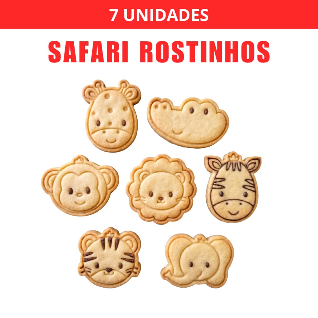 Kit 7 Cortadores/Marcadores de Biscoito Safari Rostinhos de Animais com Puxador