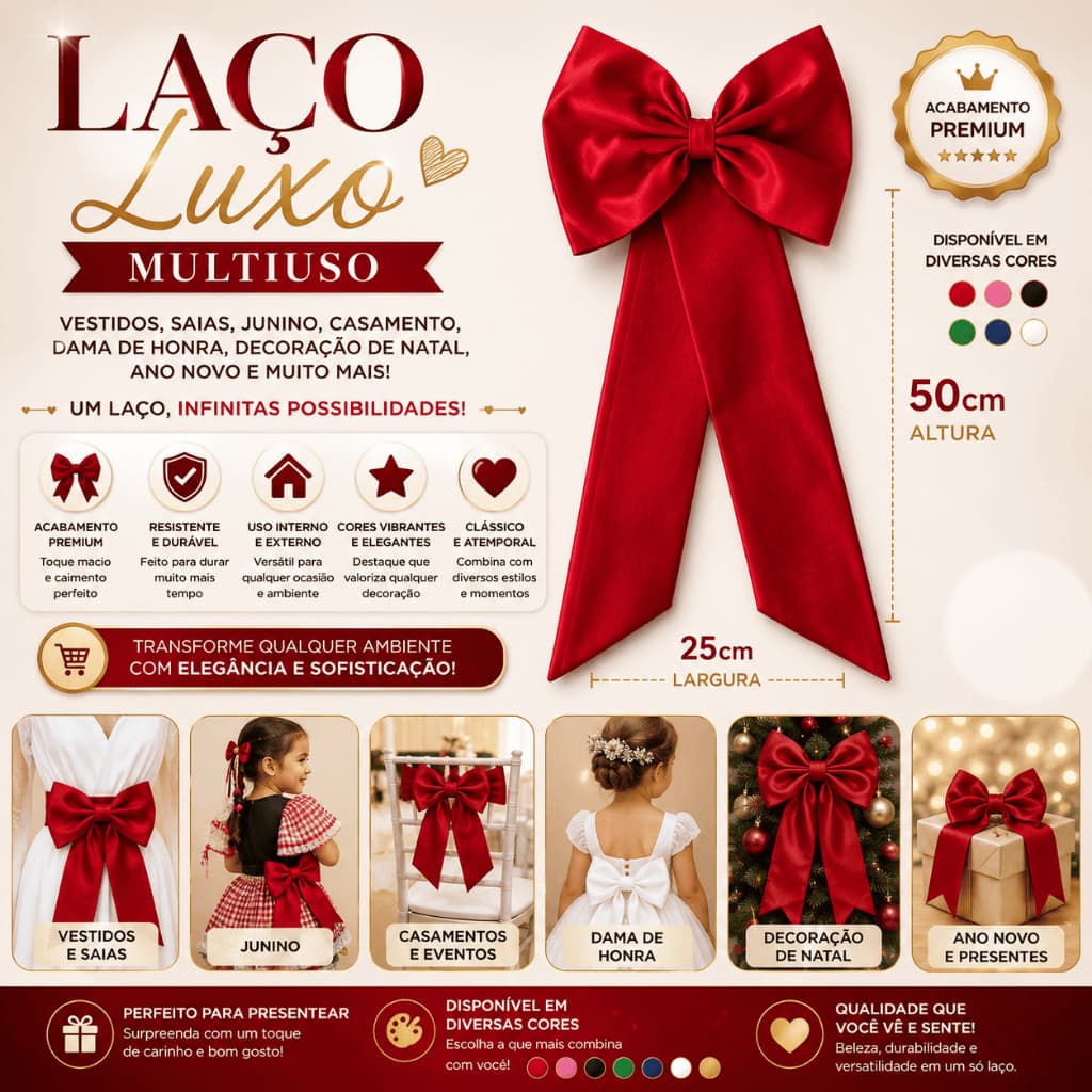 Laço Luxo Multiuso - Vestidos, Saias, Junino, Casamento, Dama de Honra, Natal, Ano Novo, Presente, Dia dos Namorados