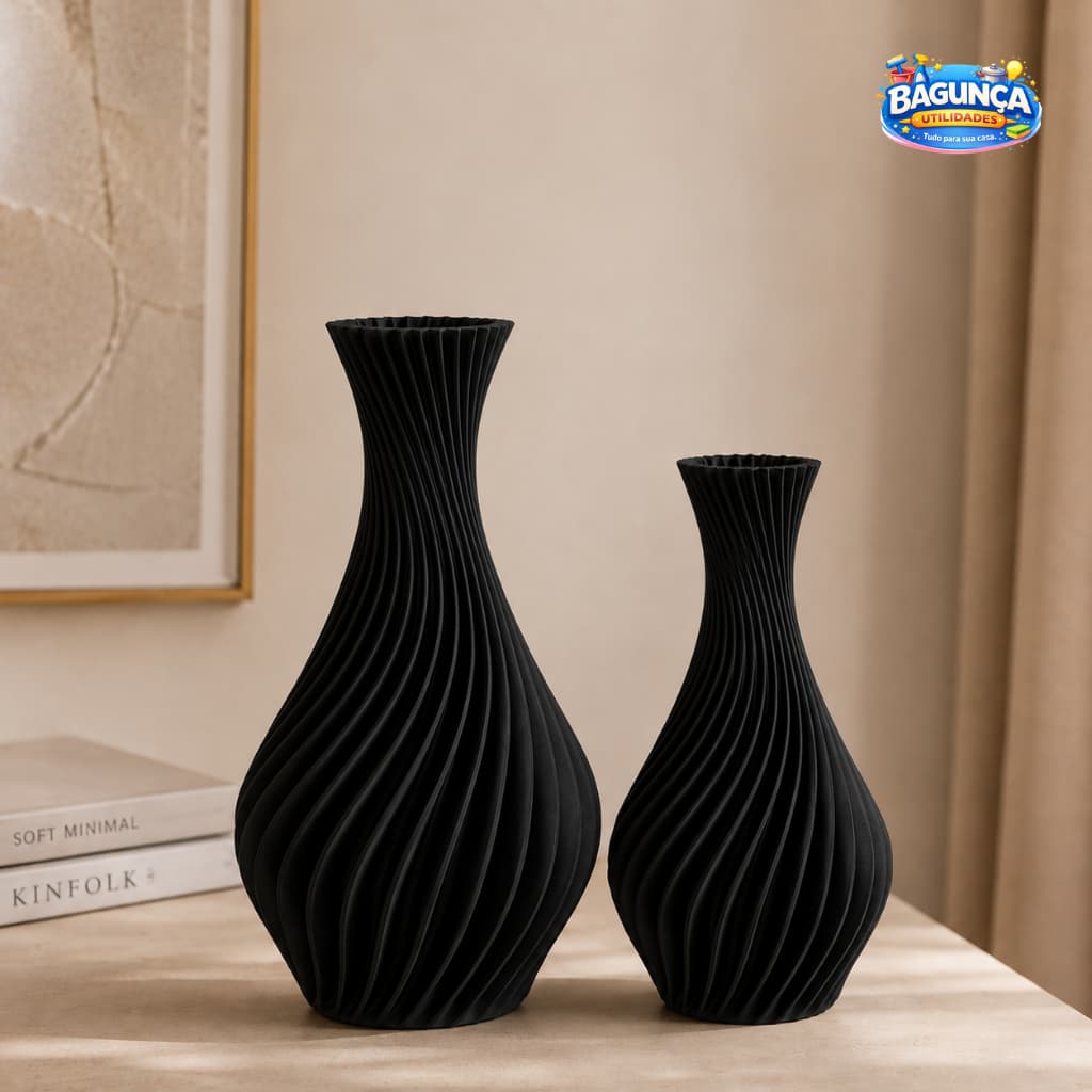 Kit 2 Vasos Decorativos Preto Fosco em Espiral Luxo Sala Quarto 18cm / 15cm