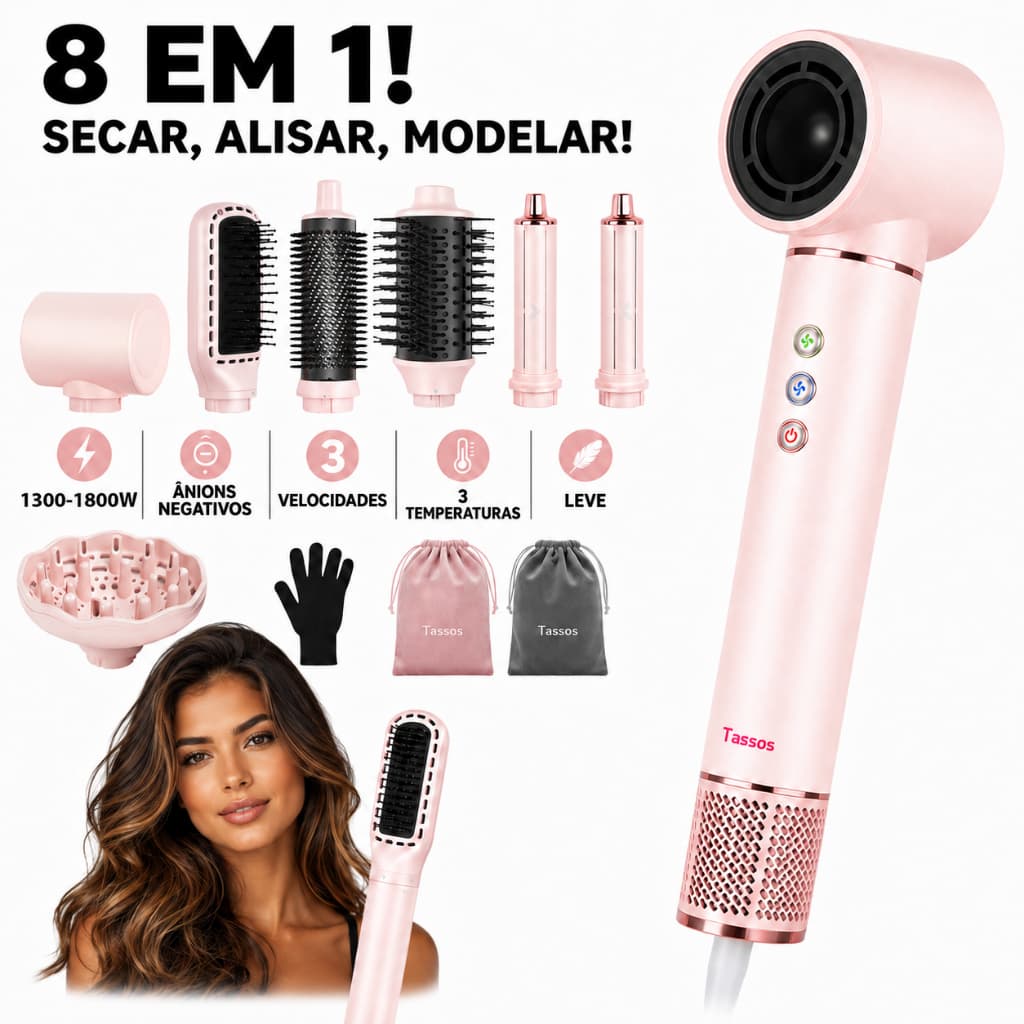 TASSOS Escova Secadora 8 em 1 Íons Negativos Anti Frizz Secador Alisador Modelador Cachos Volume 110V 220V