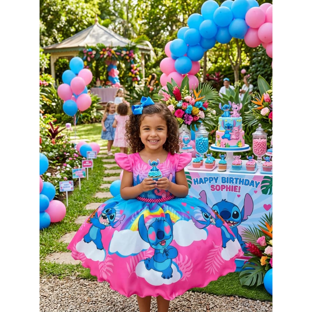 Vestido Stitch Arco-Íris Infantil Rosa Rodado para Festa de Aniversário Menina 1 a 12 anos