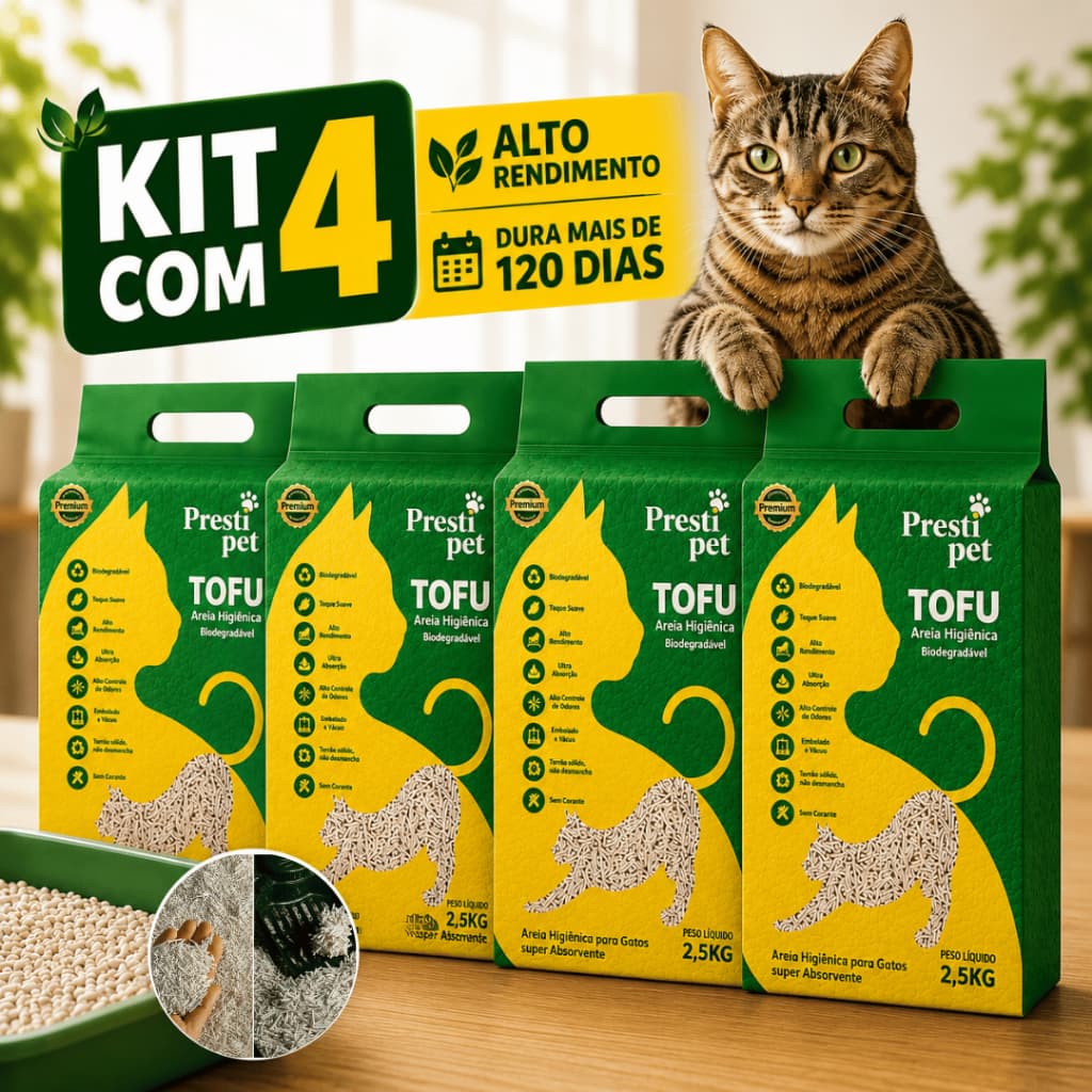 Kit 4 Areia Tofu Para Gatos Alto Rendimento 2,5kg | Dura +120 Dias