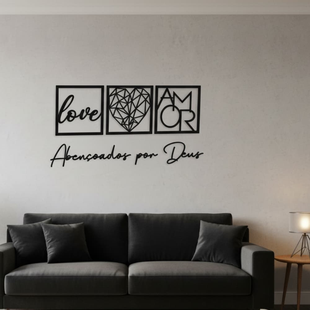Quadro Decorativo Kit 3 Quadros Decorativos MDF Preto Frase Abençoado Por Deus Geométrico Coração Parede Sala Quarto