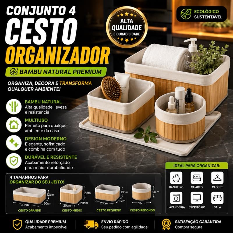 Conjunto Organizador Bambu Multiuso 4 Cestos Decorativo Banheiro Closet Lavanderia