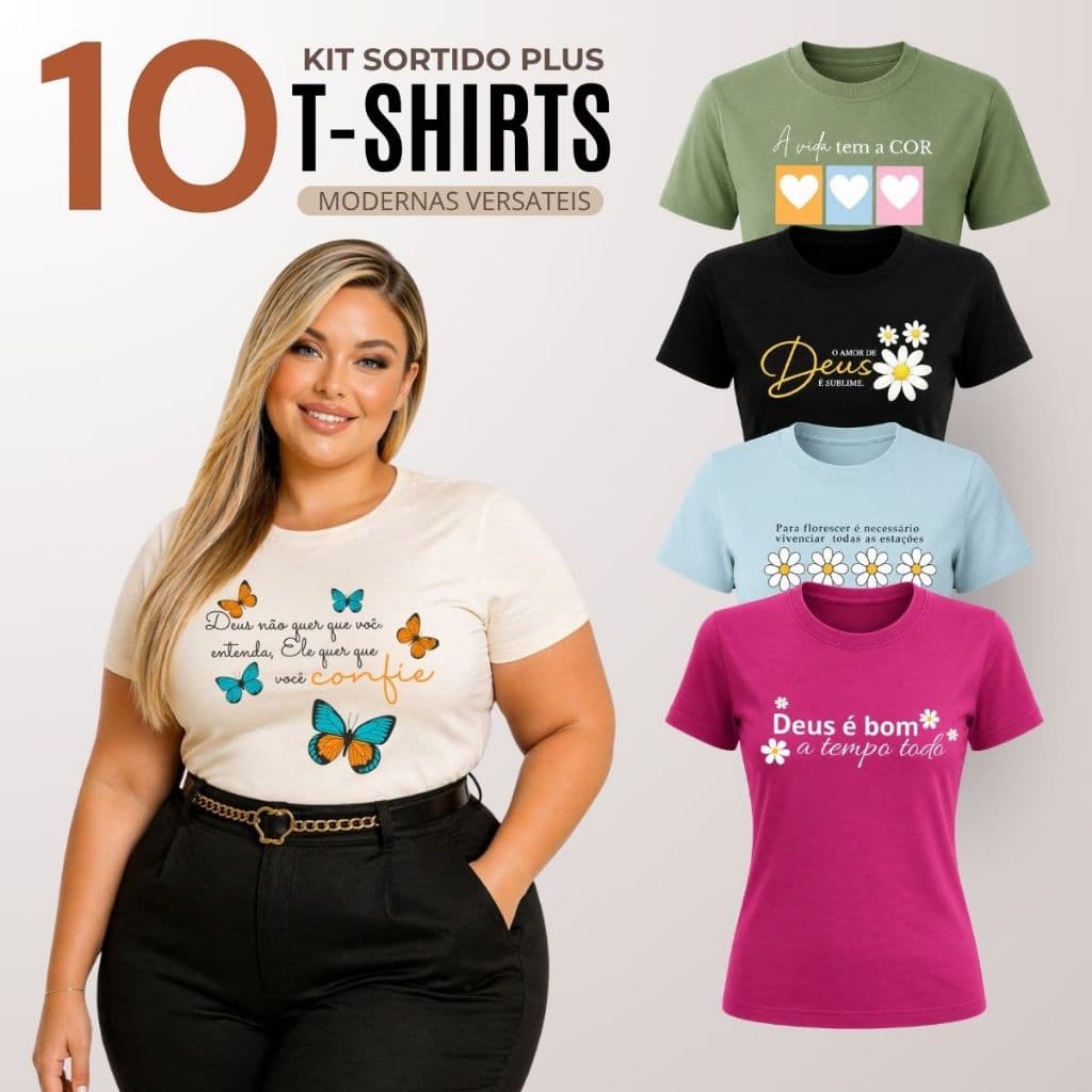 Kit 10 Blusa Feminina Plus Size Manga Curta Gola Redonda Básica Casual