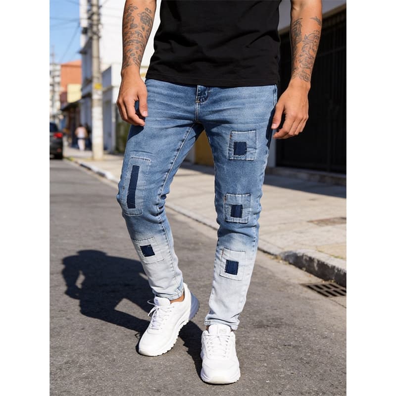 【TUNG JEANS】Azul Calça Jeans Masculina Jogador Corte Justo Versátil Design Gradiente Calça Jeans
