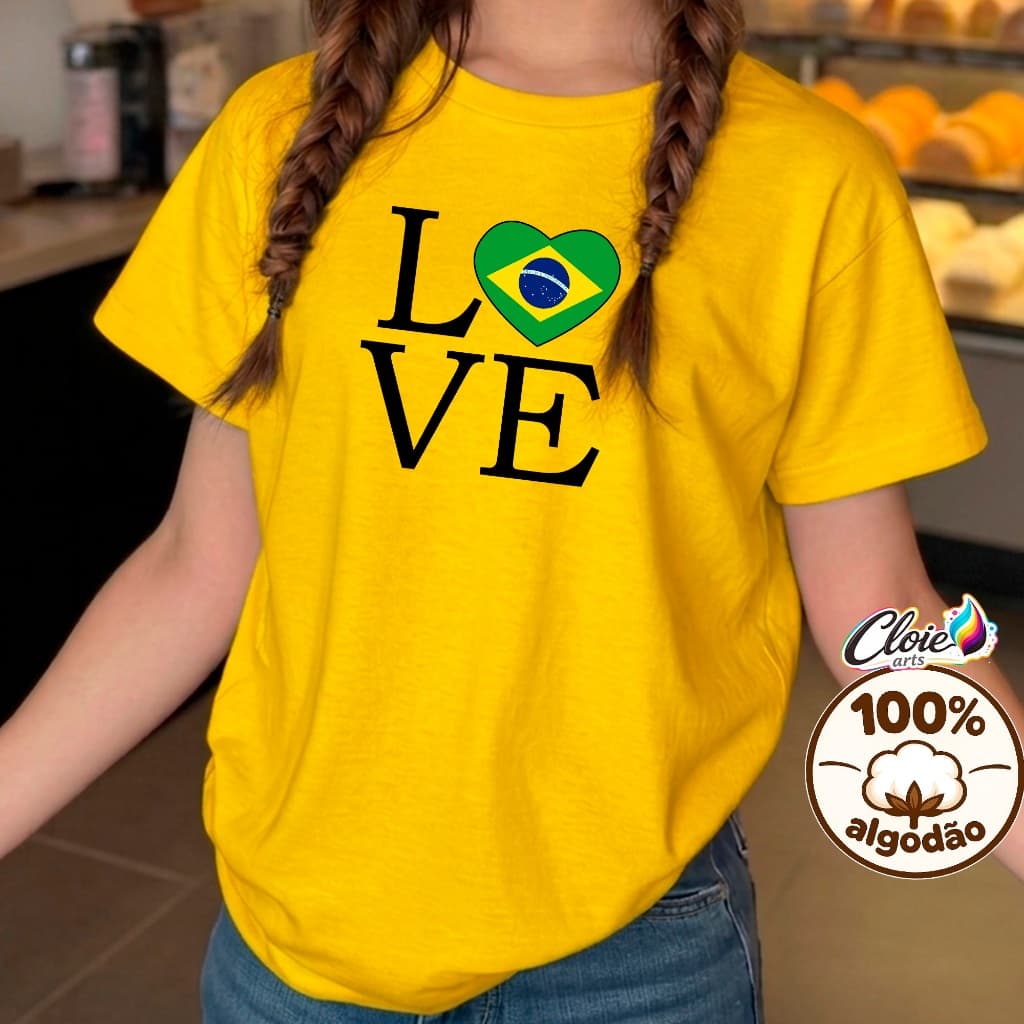 Camiseta Infantil 100% Algodão Love coração Dia a dia Escola Passeios Jogos da seleção Brasil Amor Tendencia Trend Love.