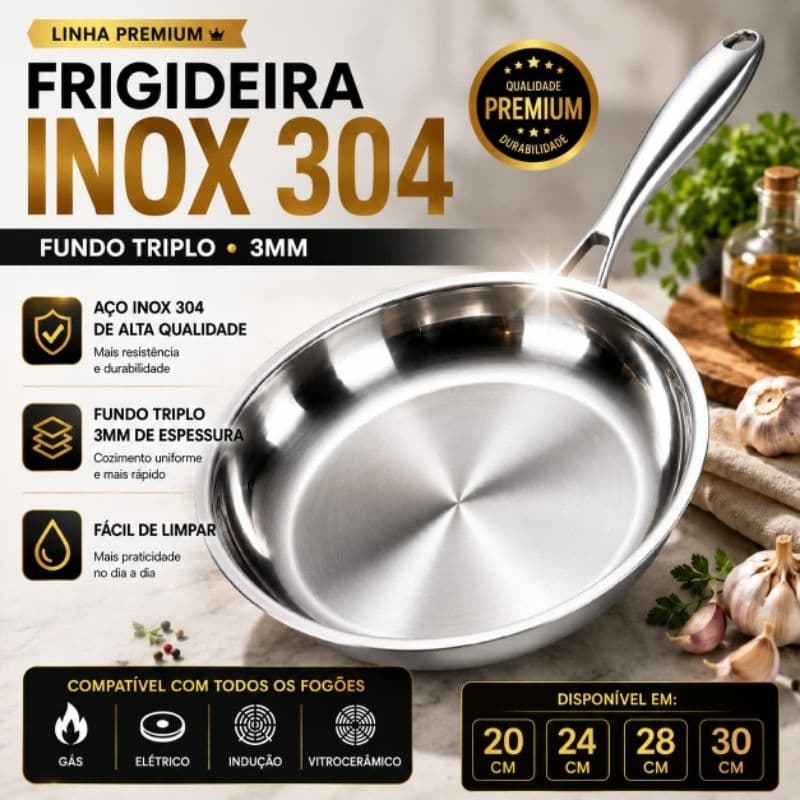 Frigideira Inox 304 Gourmet Fundo Triplo – Linha Premium 20/24/28/30 cm para todos fogões
