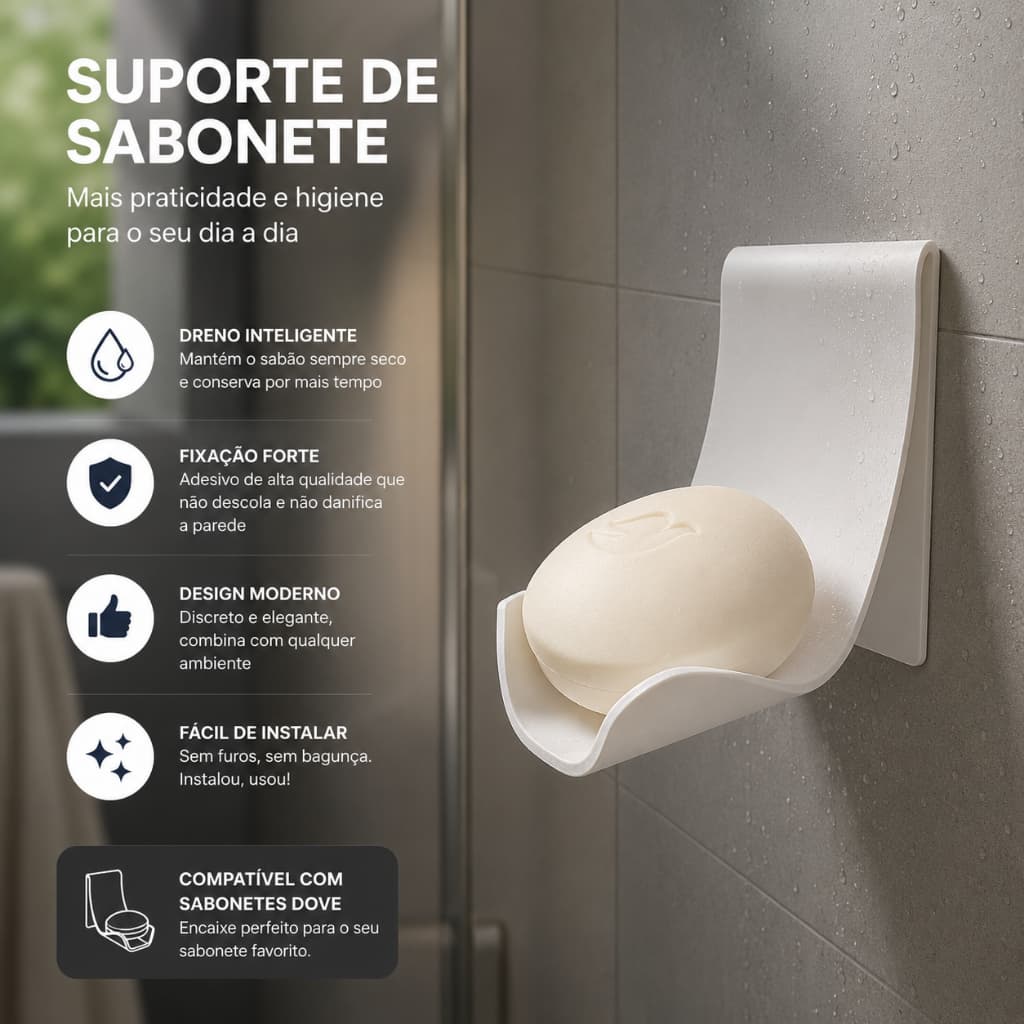 Suporte para Sabonete Sem Furos - Saboneteira Seca, Moderna e Prática de Instalar - FIXAÇÃO POR FITA COLA