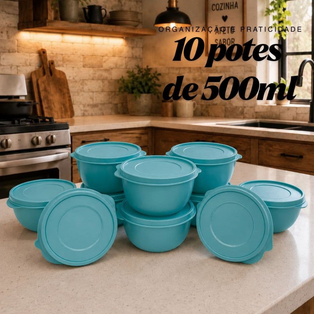 Kit 10 Potes de Plástico 500ml com Tampa | Bowl Multiuso para Cozinha