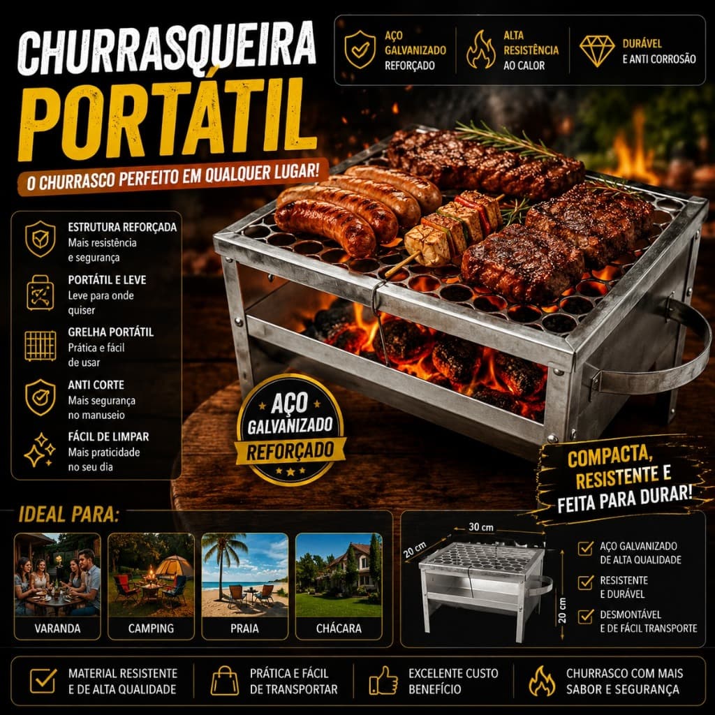 Churrasqueira Galvanizada C/ Grelha Portátil Aço Anti Corte