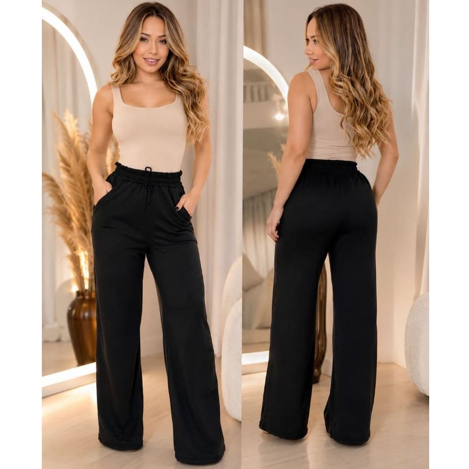 Calça Pantalona Tendencia Feminina Com Bolso Cos Alto Praia Saida  de Praia